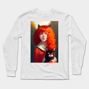 Anime girl holding a black cat  for cats lover Long Sleeve T-Shirt